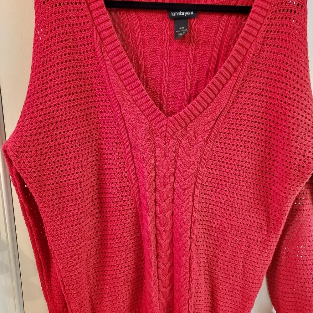 Lane Bryant Red V-Neck Pullover Sweater Cable Knit Crochet Size 14/16